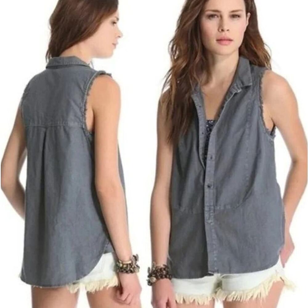 Free People Gray Linen & Cotton Sleeveless Button Front Blouse w Pockets